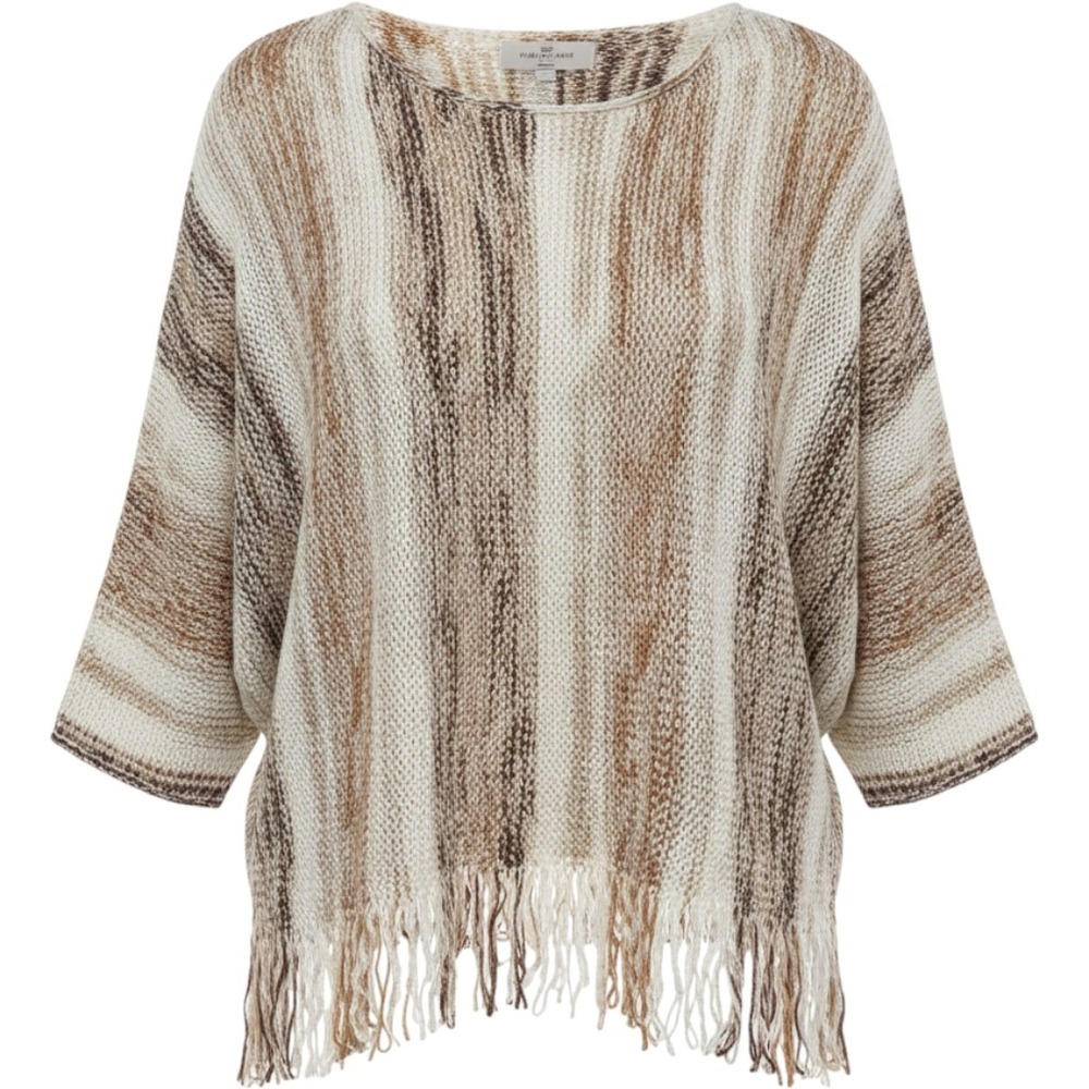 Laurie Felt Los Angeles Fringe Poncho Sweater Brown Cream Space Dye M/L